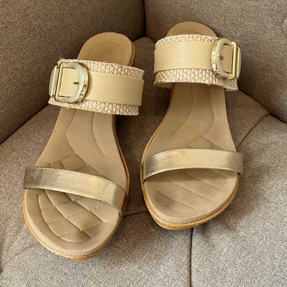Gold slip on low wedge sandals size 8